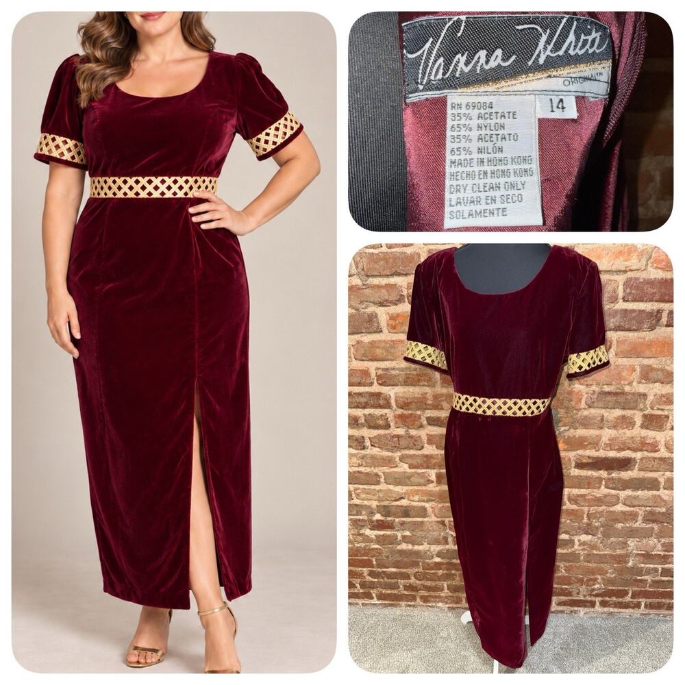 Vanna White Gorgeous! Burgundy Gold Velvet Maxi Dress 14 Formal 90’s HOCO Slit